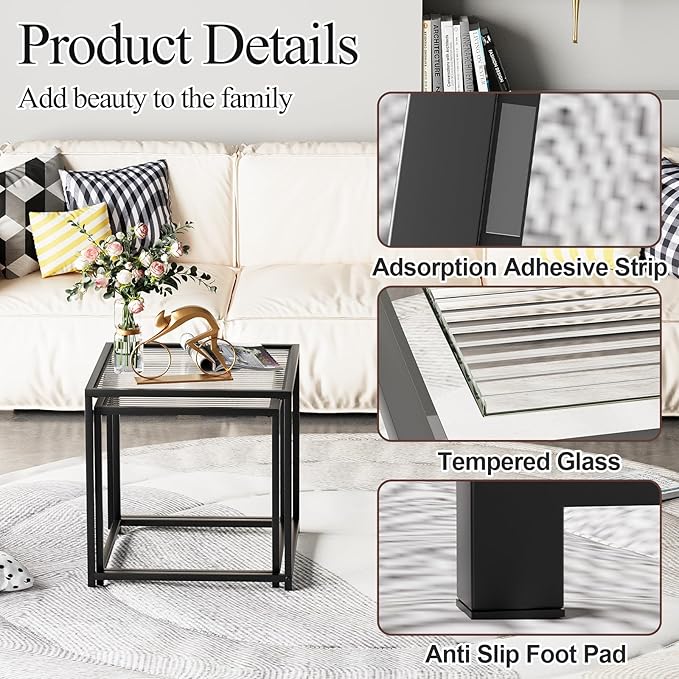 VILAWLENCE Coffee Table Set of 2, Modern Black Patterned Glass Side Table - Image 5