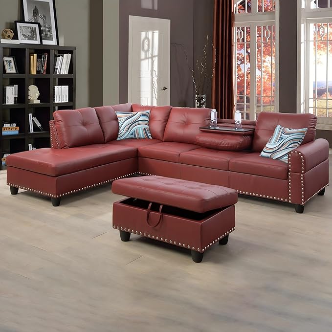 L-Shaped Sectional Sofa with Ottoman, Leather Modern Nail-Head Design with Cup - Image 3