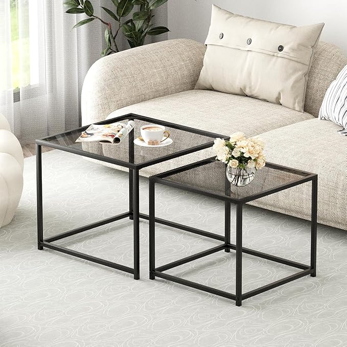 VILAWLENCE Coffee Table Set of 2, Modern Grey Glass Side Table, Metal Frame - Image 3