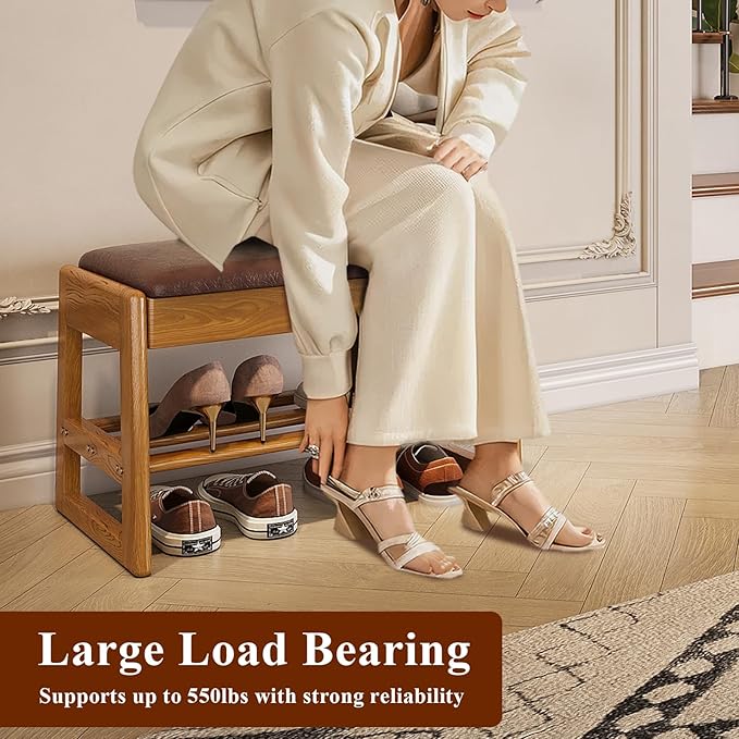 Shoe Rack Bench Seat Rubberwood 2-Tier Wooden Storage Bench 550lbs Compact - Image 5