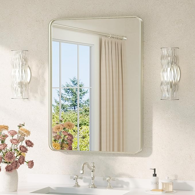 TETOTE Brushed Nickel Mirror 22 x 30 Brushed Nickel Metal Framed Bathroom Mirror by TETOTE