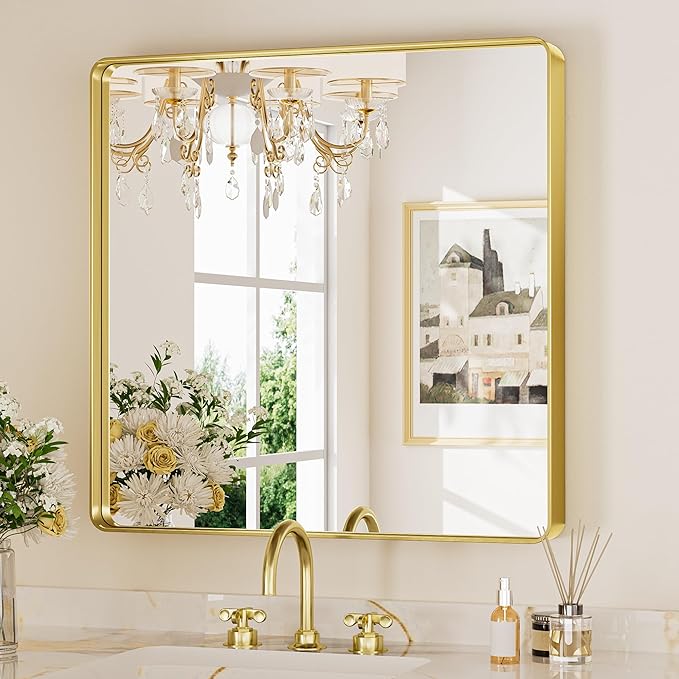 Keonjinn Gold Bathroom Mirror for Over Sink, Large Rounded Rectangle Gold by Keonjinn