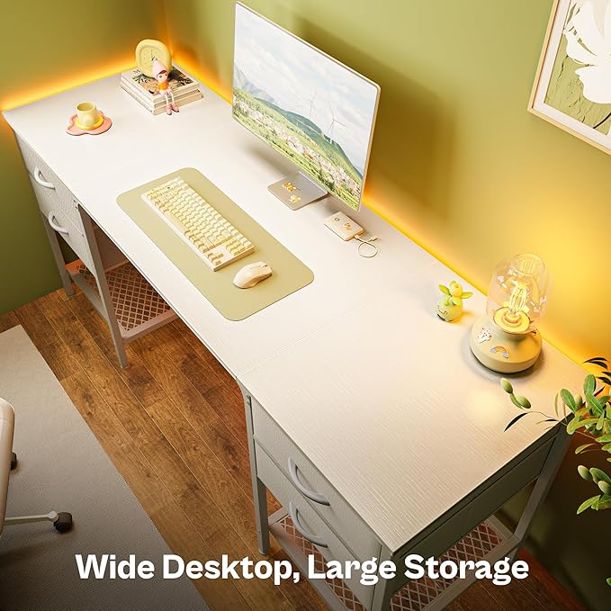 Huuger 63 Inch White Desk with 4 Drawers, Vanity Desk with Mesh Shelf, Large - Image 4