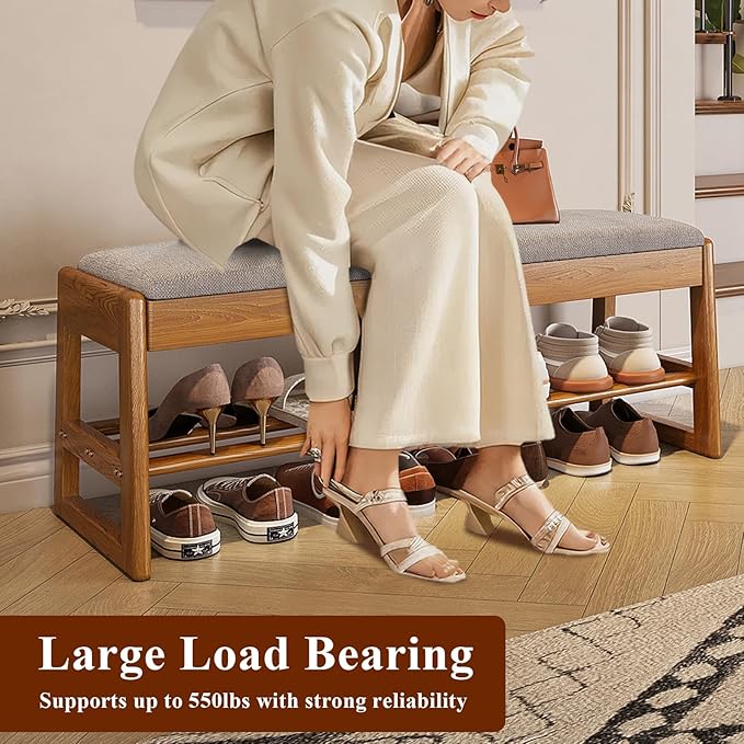 Shoe Rack Bench with Cotton-Linen Cushion 2-Tier Wooden Storage Bench 550lbs - Image 5
