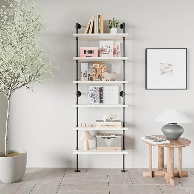 Pipe Shelves, Wall Mounted Wood Metal Industrial Shelves, Ladder Bookshelf - Image 4
