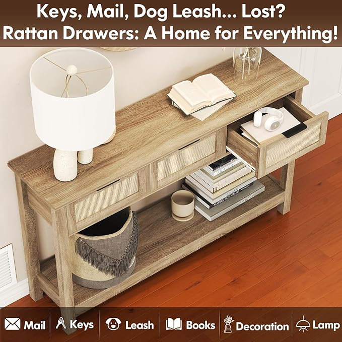 Luoxiao Rattan Console Table Boho Entryway Table - Image 10