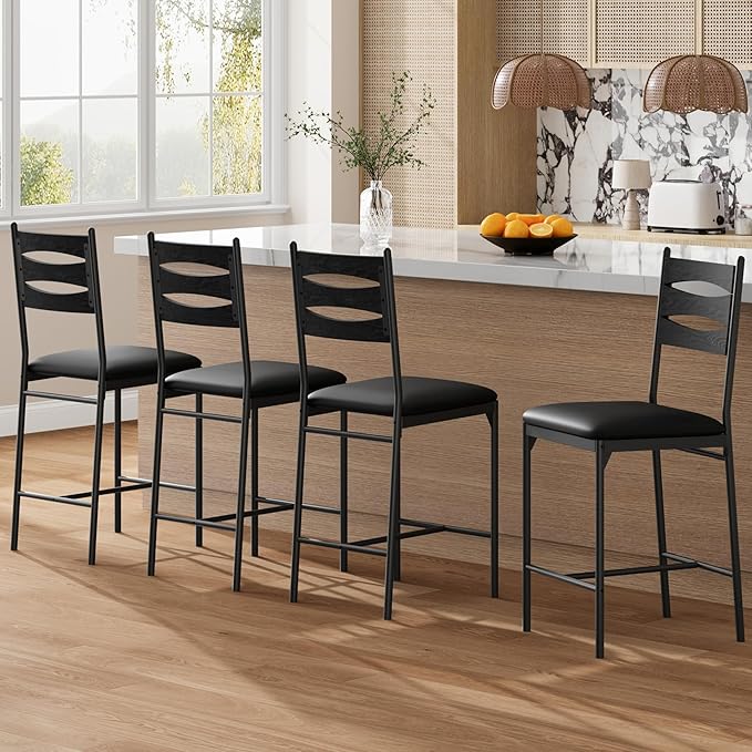 GarveeHome Bar Stools Set of 4, Wooden Barstools, Faux Leather Upholstered Bar by GarveeHome