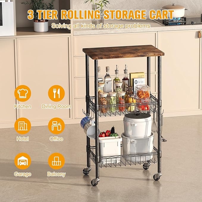 Rolling Kitchen Storage Cart, 3-Tier Storage Rack on Caster Wheels - Image 5