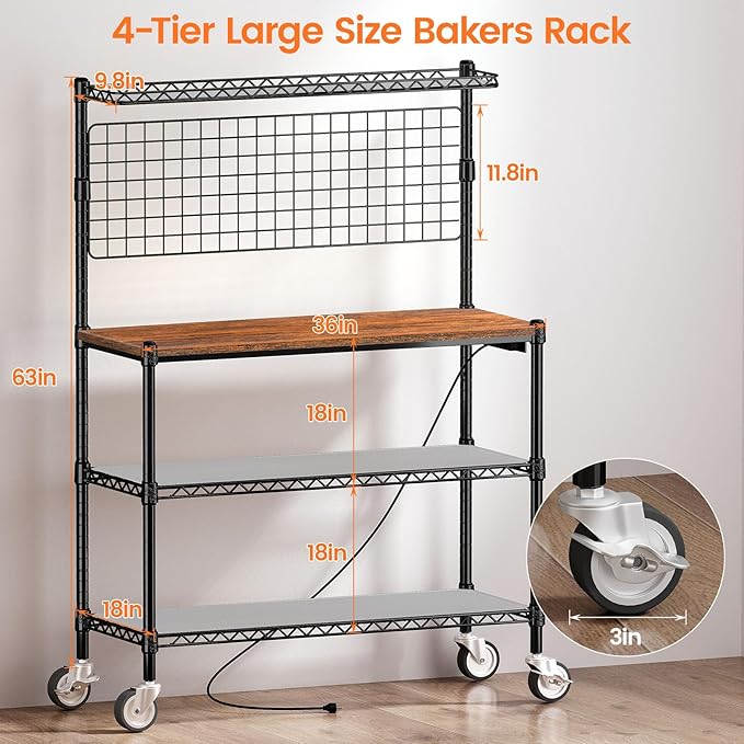 Leteuke Bakers Rack with Power Outlet & Storage, 36 Inch Microwave Stand - Image 3