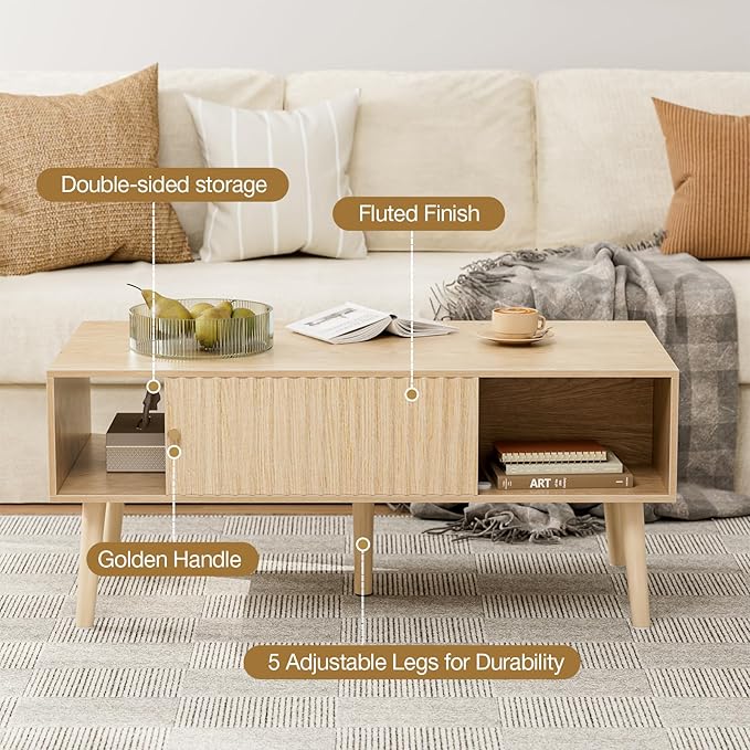 Coffee Table with Storage, Boho Dining Table with Sliding Fluted Door and Solid - Image 3