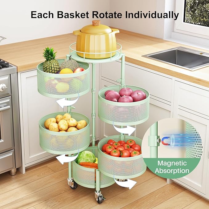 SAYZH Fruit Vegetable Basket for Kitchen, Rotating Storage Rack, 5 Tier Rolling - Image 3