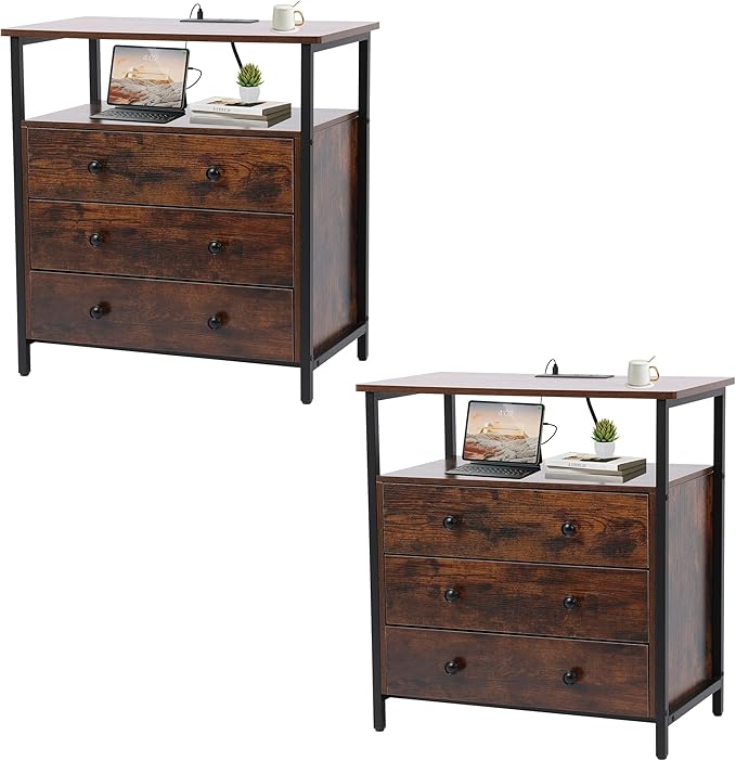 3 Wooden Drawers Nightstand, 27 Inch Wide Night Stand Set 2 by Edbuosy