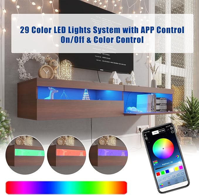 Floating TV Stand with Led Lights, 71 inch Wall Mounted TV Shelf with Power - Image 2