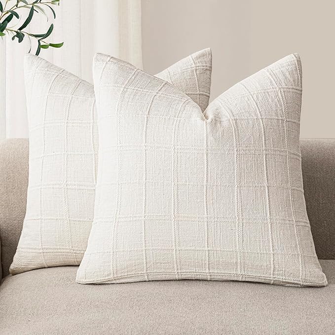 Foindtower Set of 2 Decorative Linen Check Throw Pillow Covers Neutral by Foindtower