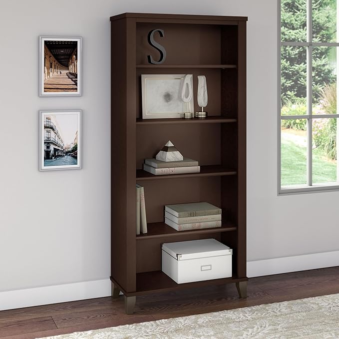 Bush Furniture Somerset 5 Shelf Bookcase in Mocha Cherry, Tall Bookshelf - Image 2