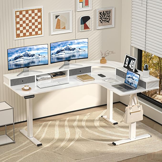 67" L Shaped Standing Desk, Electric Height Adjustable Corner Table by REGISDESK