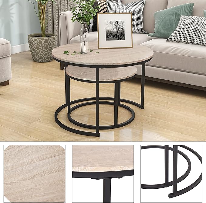 Industrial Round Coffee Table Set of 2 End Table - Image 3