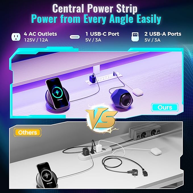 PRAISUN 61.7" Gaming Desk with LED Lights & Outlets, Computer Desk with 3 - Image 4