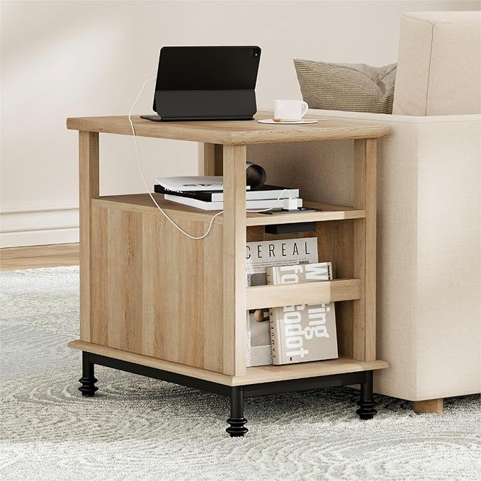 WAMPAT Oak End Table with Charging Station, Sofa Side Table with Storage Cabinet - Image 4