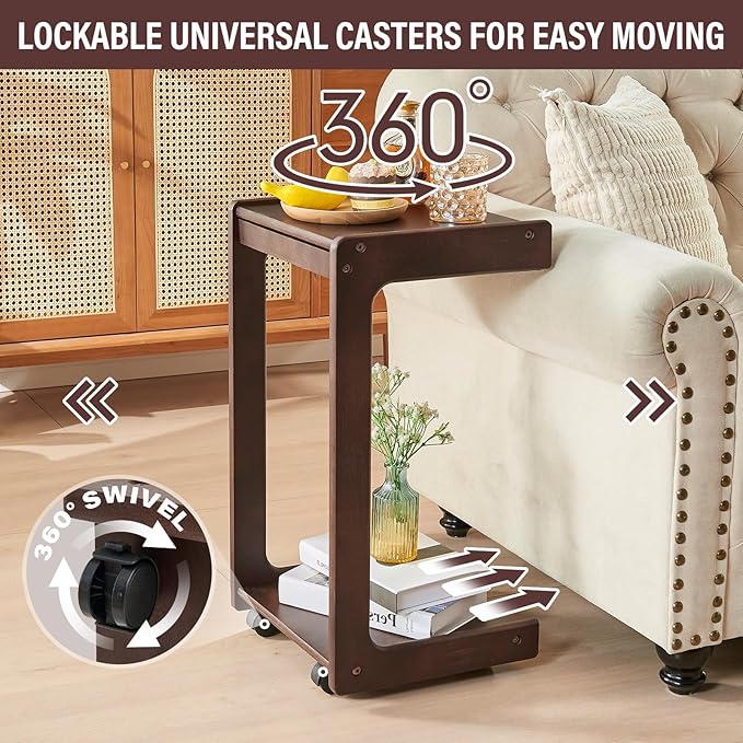 CozyDH C Shaped Solid Wood End Table, Rolling Side Table TV Sofa Tray Table - Image 4