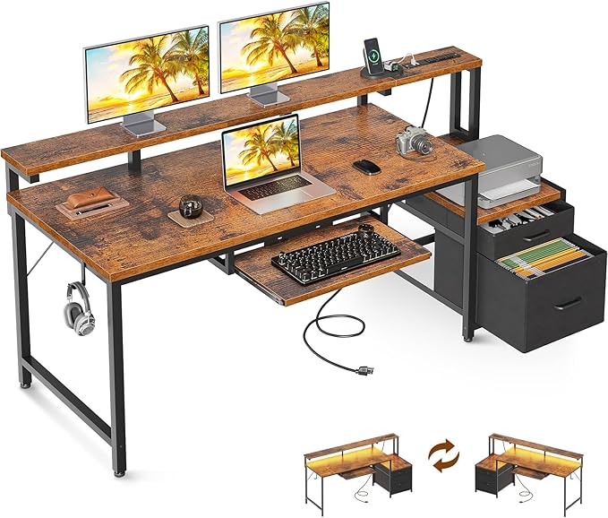 AODK Computer Desk with Drawers and Keyboard Tray, Reversible Study Work Desk by AODK