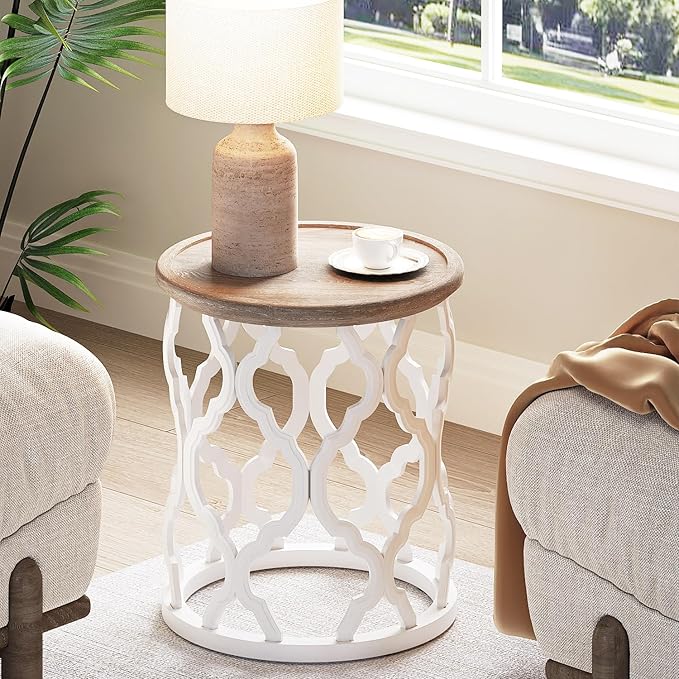 Farmhouse End Table, 18.5'' French Country Round Side Table, Distressed Tray - Image 6