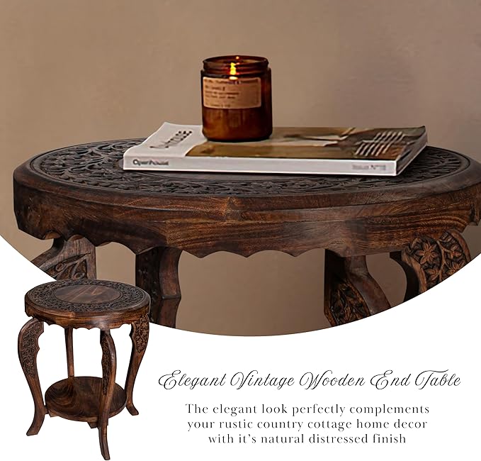 The Wooden Town Farmhouse Round Accent End Table, Rustic Side Table Nightstands - Image 5