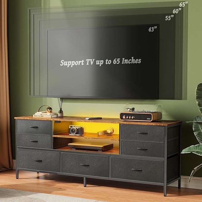 Huuger TV Stand Dresser with Power Outlets and LED Lights, 7 Drawers - Image 2