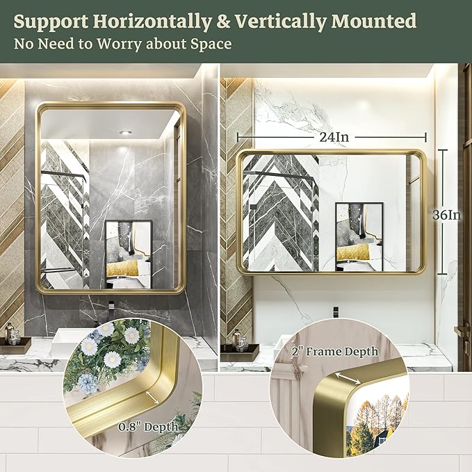 TokeShimi Gold Bathroom Mirror for Wall 24 x 36 Inch Metal Rounded Corner - Image 6