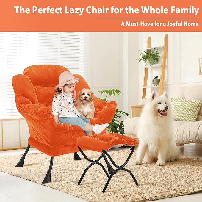 Lazy Chair with Folding Ottoman, Accent Chair Plush Upholstered with Metal - Image 4