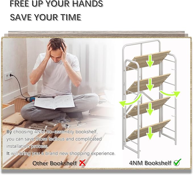 4NM No Assembly Folding Bookshelf 4 Tiers Vintage Industrial White Book Shelf - Image 5
