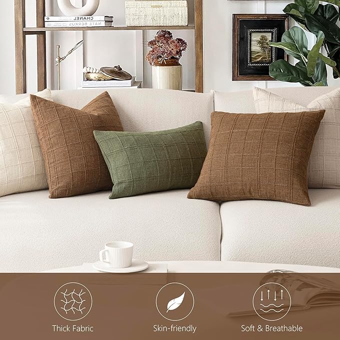 Foindtower Set of 2 Decorative Linen Check Throw Pillow Covers Neutral - Image 7