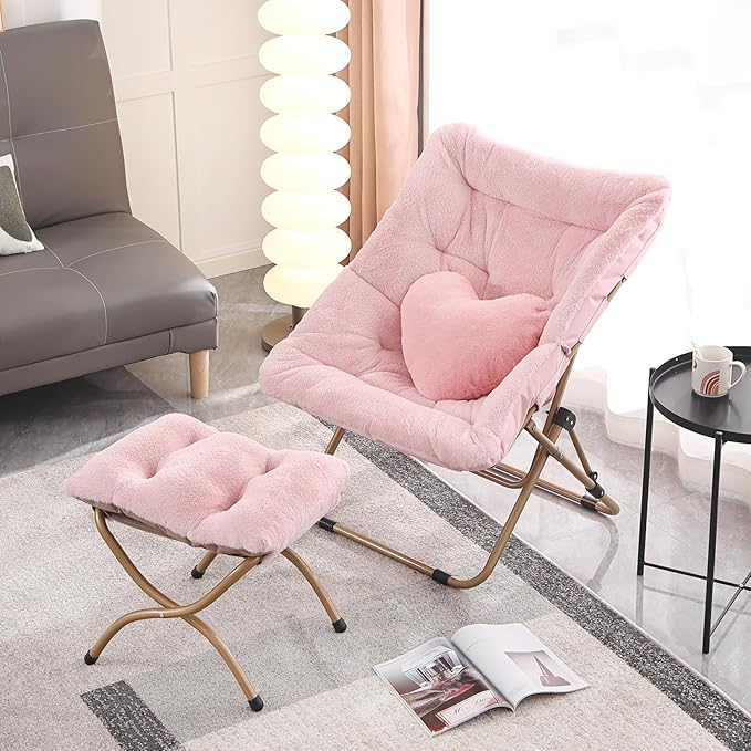 Comfy Saucer Chair with Ottoman, Oversized Folding Faux Fur Chair Soft Furry - Image 9
