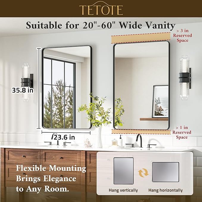 TETOTE Black Mirror for Bathroom 24 x 36 Matte Black Metal Framed Vanity Mirror - Image 7