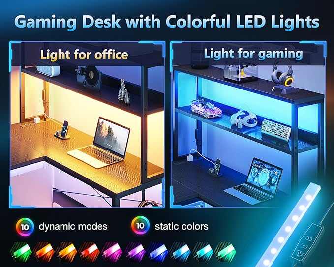 Casaottima Gaming Desk with Power Outlets & LED Lights, 43 Inch Reversible L - Image 4