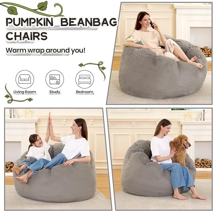 HABUTWAY Giant Bean Bag Chair for Adults/Kids/Teens, Pumpkin Bean Bag Couch - Image 3