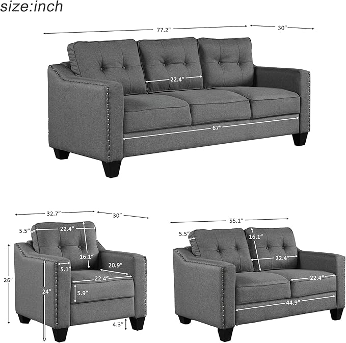 FANYE 3 Pieces Living Room Furniture Sets Include Sofa, Loveseat and Armchair - Image 2