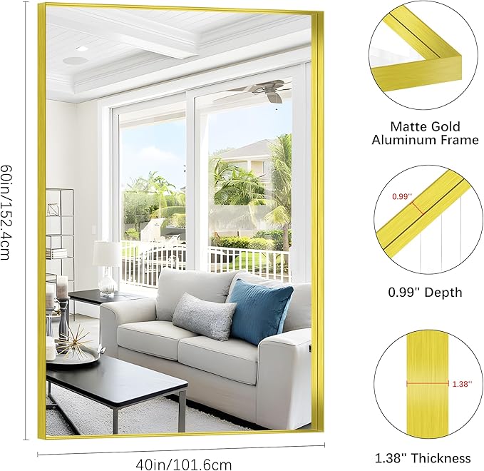 Gold Bathroom Mirror, 60x40 Inch Rectangular Framed Mirror, Large Wall Mounted - Image 3