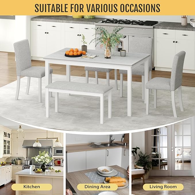 6-Piece Solid Wood Dining Table Set, Including 1 Dining Table, 4 Upholstered - Image 6