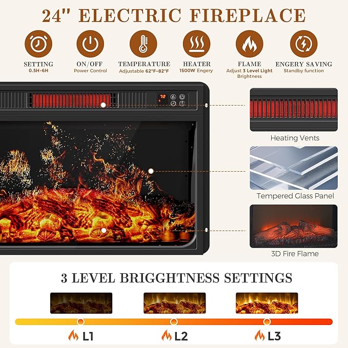 59'' Fireplace TV Stand with 3D Flame Electric Fireplace Heater, Entertainment - Image 3