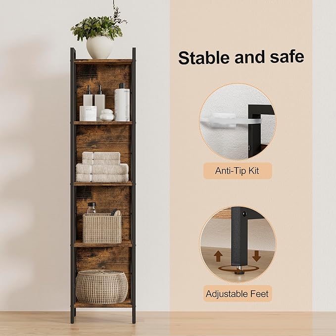 Homhedy 5 Tier Bookshelf Bookcase, Tall Narrow Bookshelf - Image 5