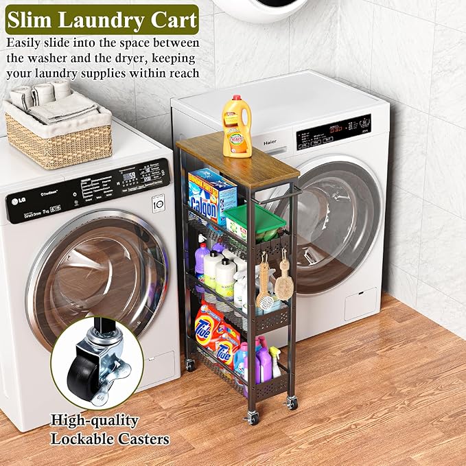 Utility Slim Storage Cart, 4 Tier Small Rolling Kitchen Laundry Room Cart - Image 3