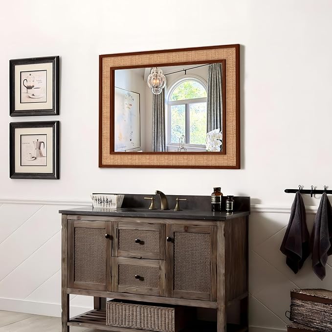 Rattan Wall Mirror with Wooden Framed 24 X 32 inch Farmhouse Rectangle Wood - Image 5