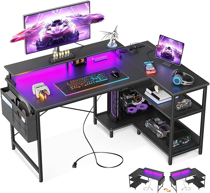 ODK 48 Inch Gaming Desk with USB Charging Ports and LED Lights, Reversible L by ODK