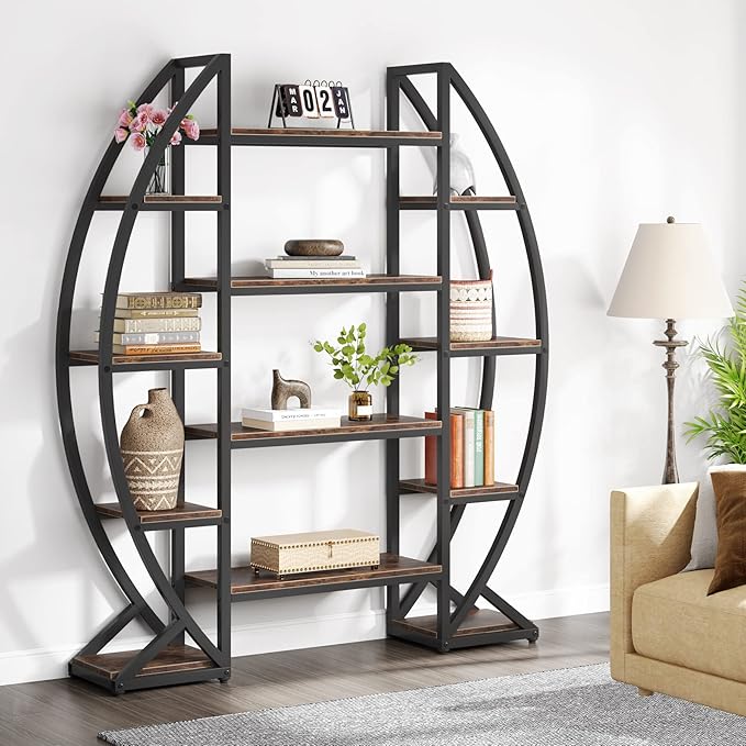 Tribesigns Oval Bookshelf, Triple Wide 5 Tier Etagere Bookcase, Industrial - Image 4