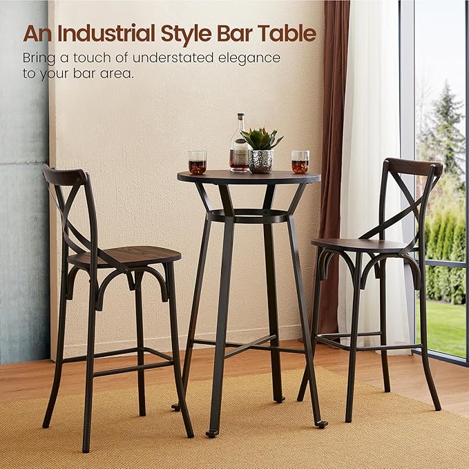 Glitzhome 41.25" H Rustic Steel Bar Table Round Solid Elm Wood Top Dining Room - Image 4