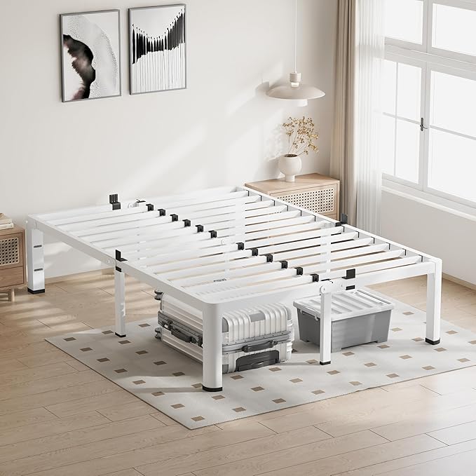 18 Inch King Size White Bed Frame, 3500Lbs Heavy Duty Metal Platform - Image 2