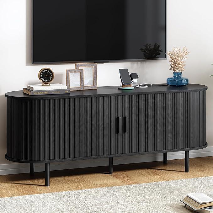 55" TV Stand with Power Outlet, Modern Media Console with Sliding Doors by ComfyCorner