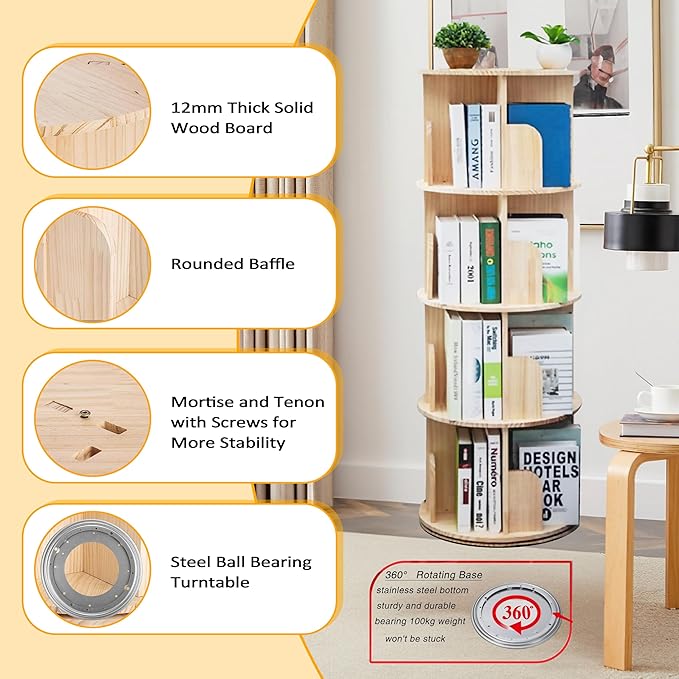 Rotating Bookshelf Kids, 360 Display 4 Tier Spinning Bookshelf Tower Stackable - Image 6