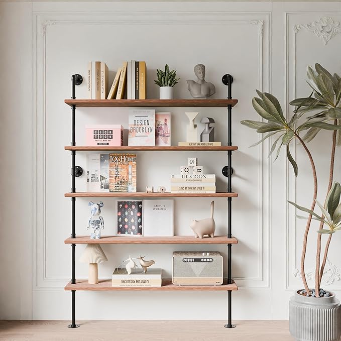 Industrial Ladder Shelves, Wall Mounted Rustic Bookshelf, Retro Wood Metal Pipe - Image 4